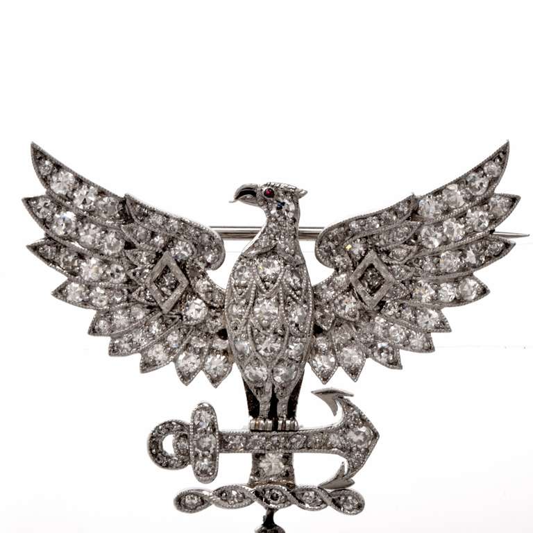 Art Nouveau European Diamond Ruby Platinum Eagle Brooch