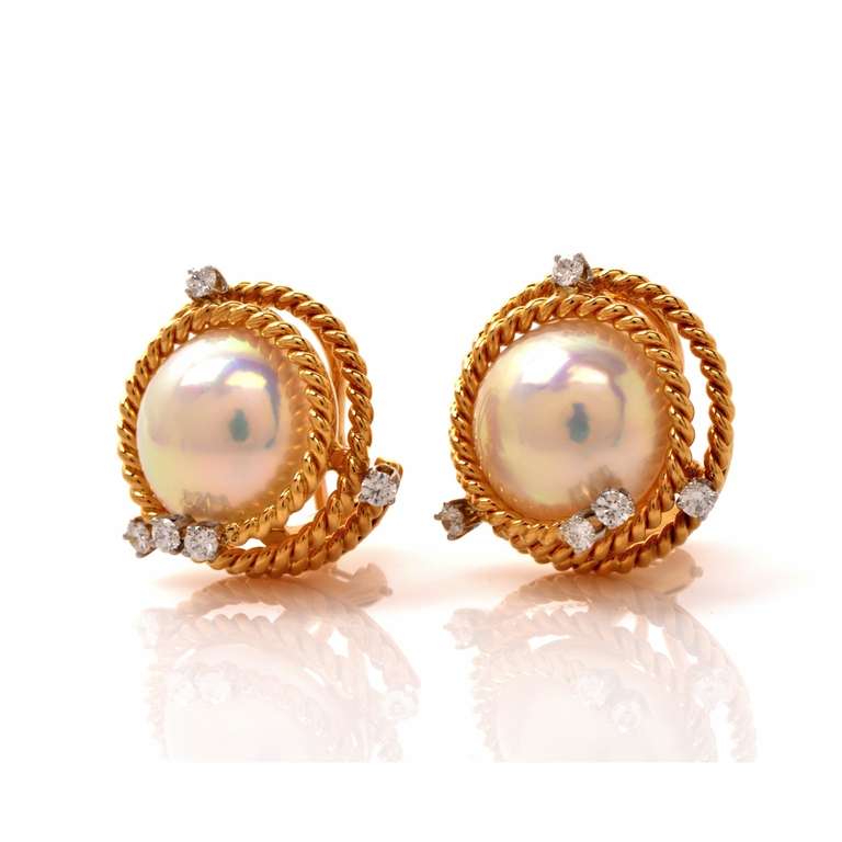Tiffany & Co. Jean Schlumberger Pearl Diamond Gold Clip Earrings In Excellent Condition In Miami, FL