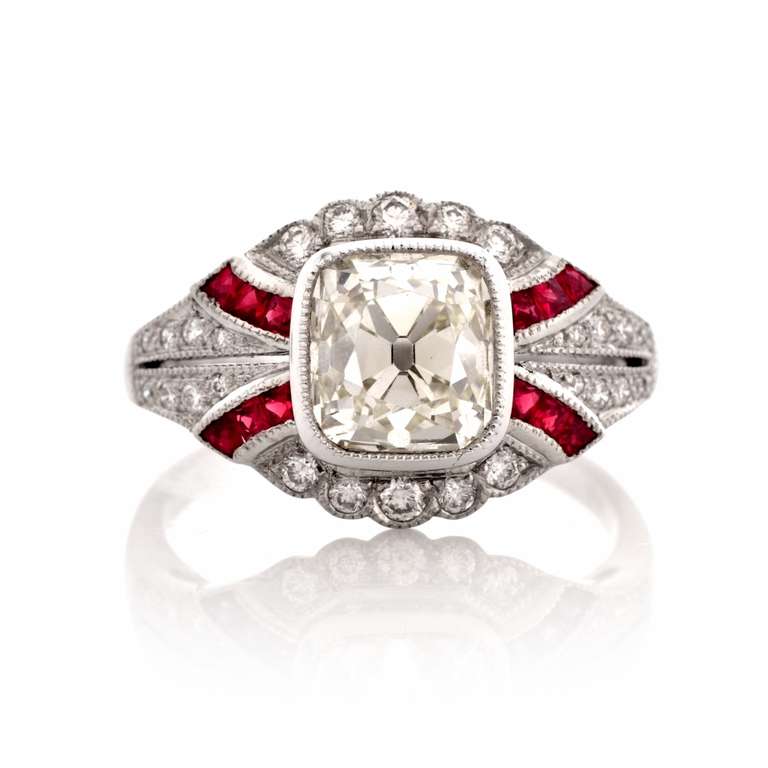 Cushion-cut Diamond & Ruby Platinum Engagement Ring In Excellent Condition In Miami, FL