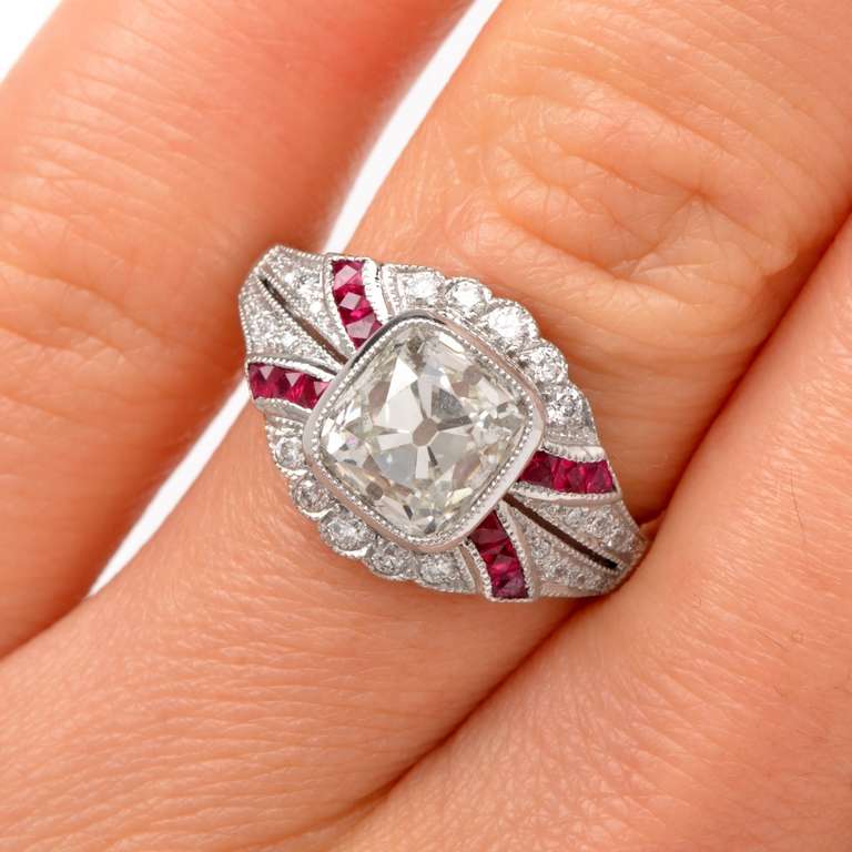 Cushion-cut Diamond & Ruby Platinum Engagement Ring 2