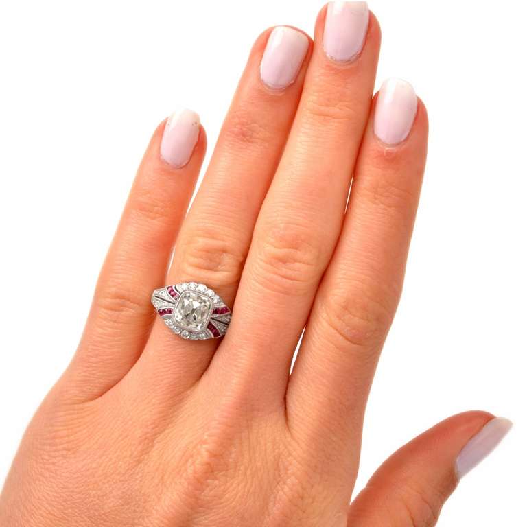 Cushion-cut Diamond & Ruby Platinum Engagement Ring 3