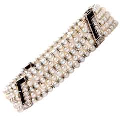Cultured Pearl Diamond Black Onyx Platinum Bracelet