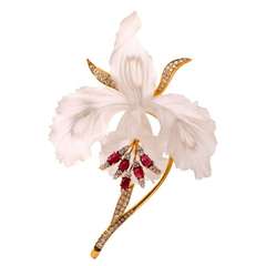 Diamant Rubis Or Floral Cristal de roche Orchidée Broche de revers