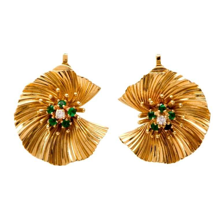 Emerald and Diamond Gold Earrings By Performance Parts Co.