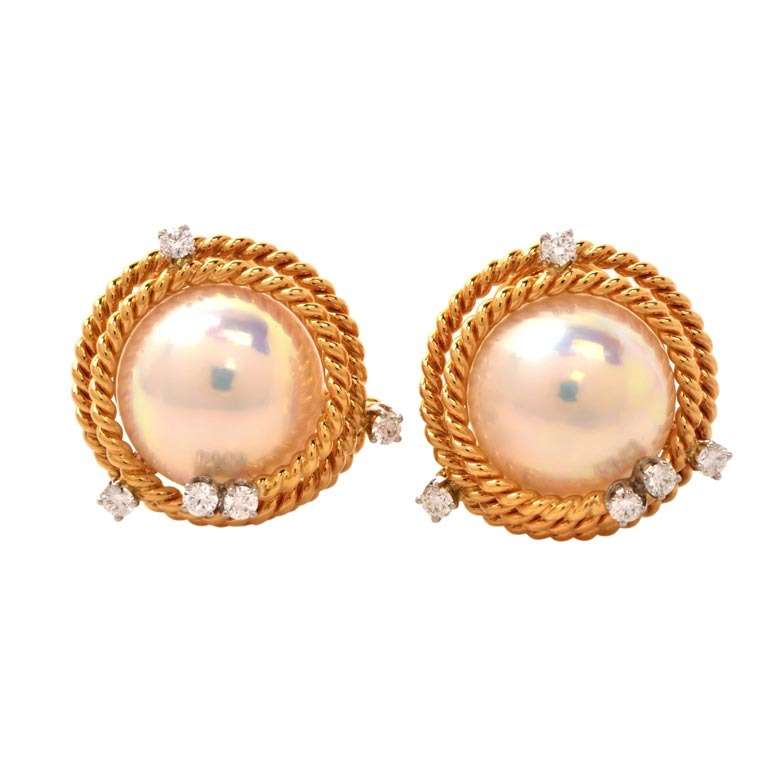 Tiffany & Co. Jean Schlumberger Pearl Diamond Gold Clip Earrings