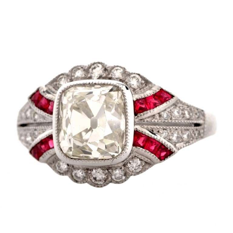 Cushion-cut Diamond & Ruby Platinum Engagement Ring