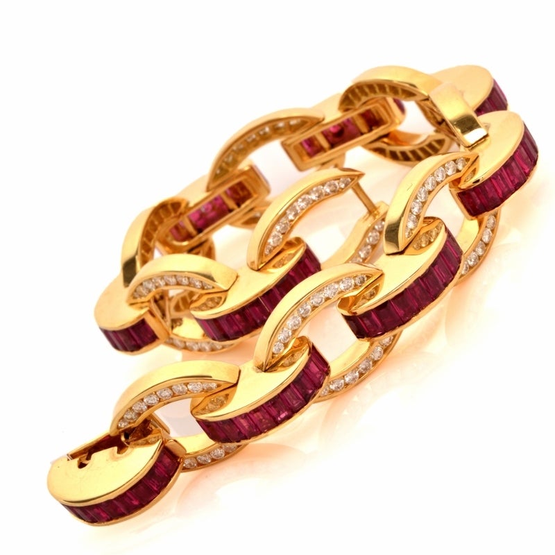 Charles Krypell Diamond Ruby Gold Link Bracelet For Sale at 1stDibs
