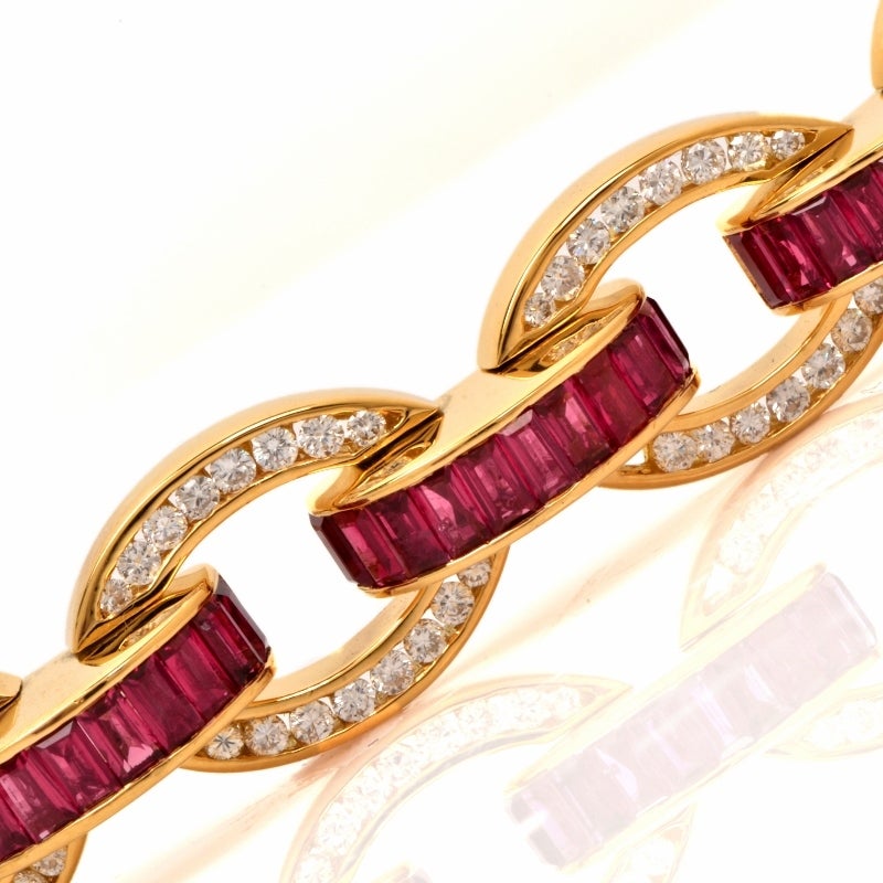 Charles Krypell Diamond Ruby Gold Link Bracelet In Excellent Condition In Miami, FL