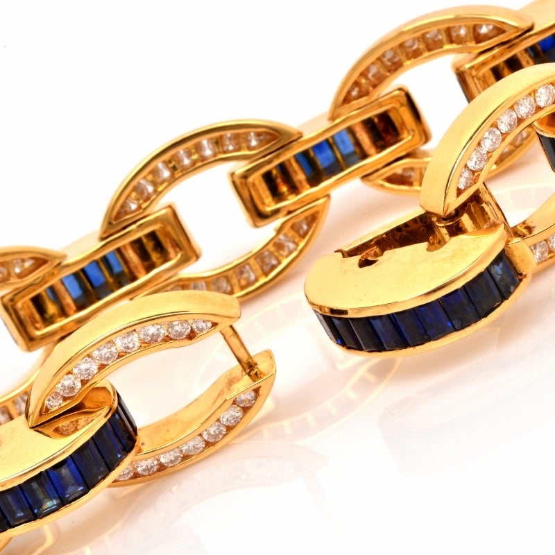 Charles Krypell Diamond Sapphire Gold Link Bracelet In Excellent Condition In Miami, FL