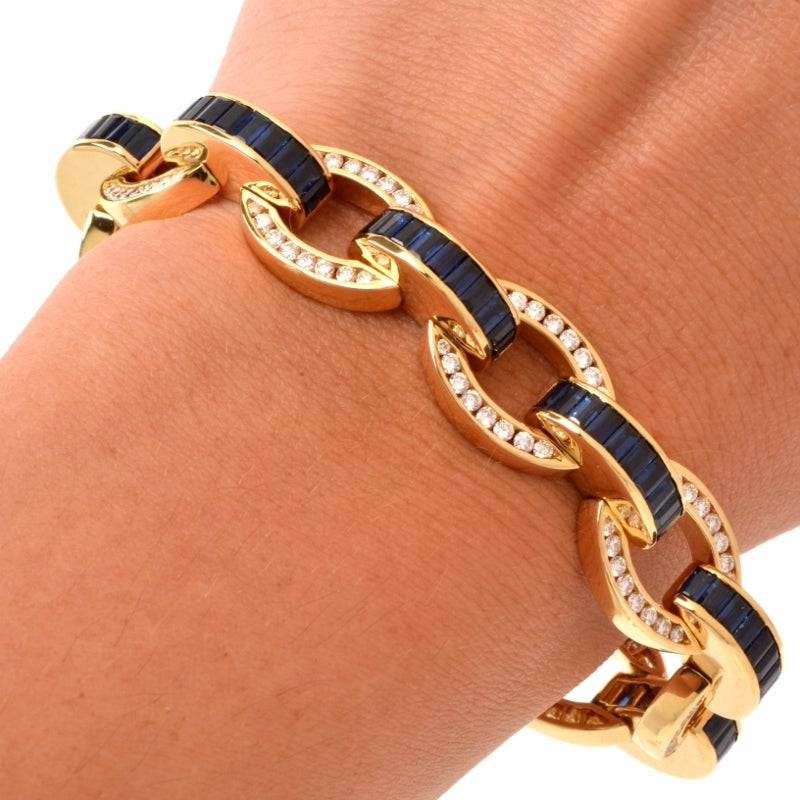 Charles Krypell Diamond Sapphire Gold Link Bracelet 3