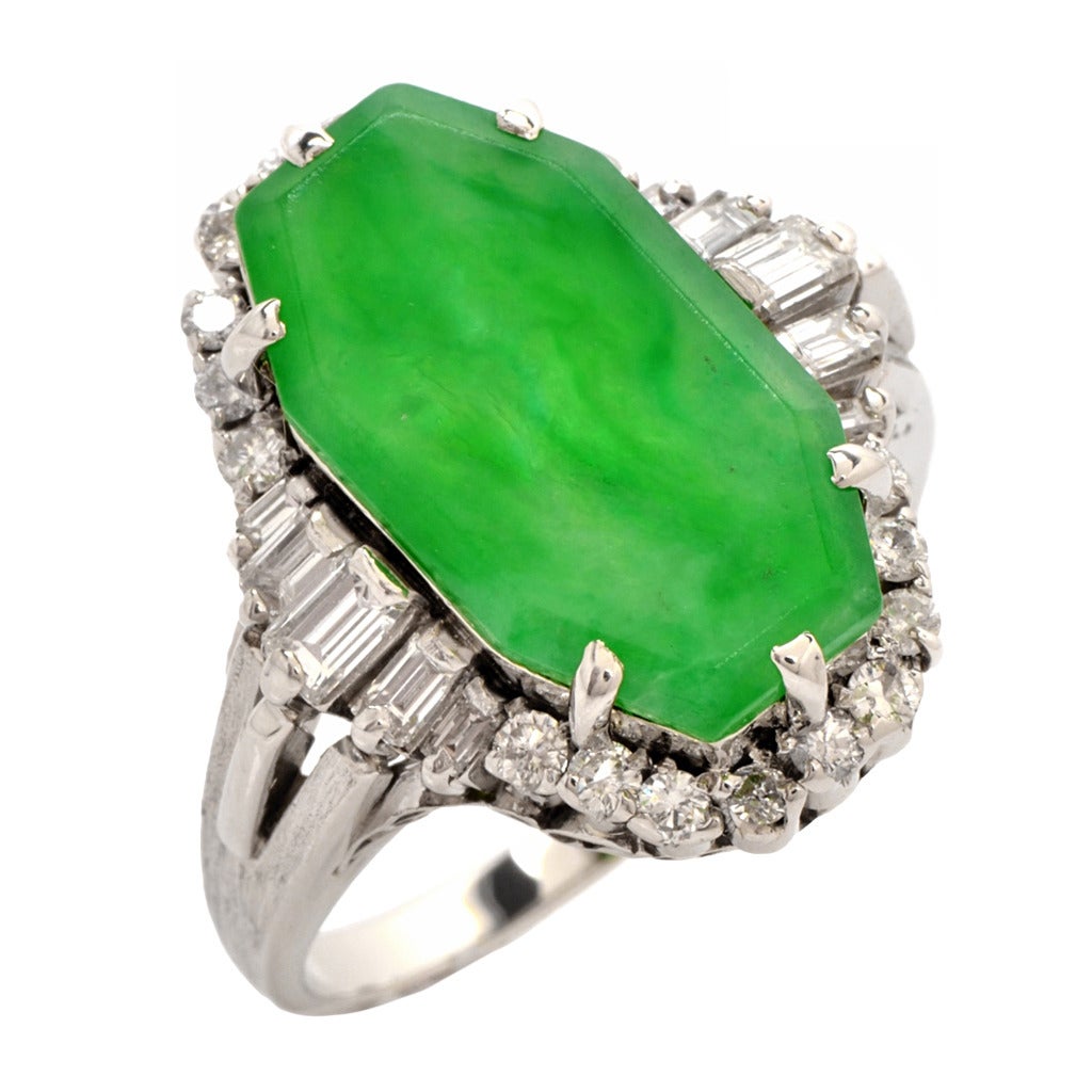 GIA Certified Natural Untreated Green Jadeite Diamond Platinum Cocktail Ring