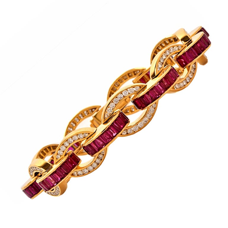 Charles Krypell Diamond Ruby Gold Link Bracelet For Sale at 1stDibs