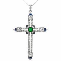 Art Deco Emerald Sapphire Diamond Platinum Cross Pendant
