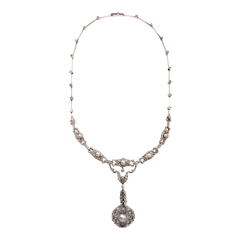 Edwardian Pearl Diamond Platinum Garland Design Necklace