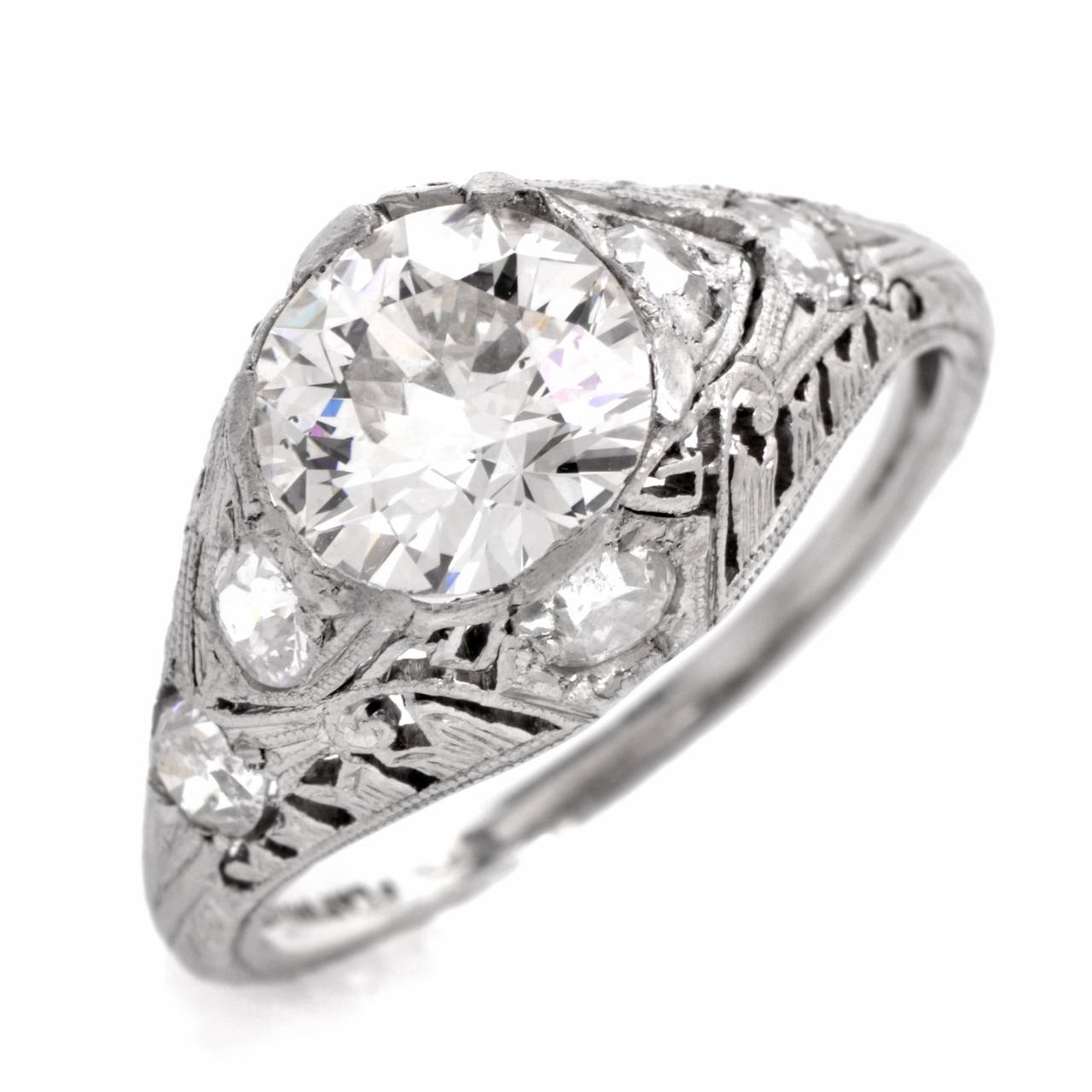 Art Deco 2 77 Carat Diamond Platinum Filigree Engagement  