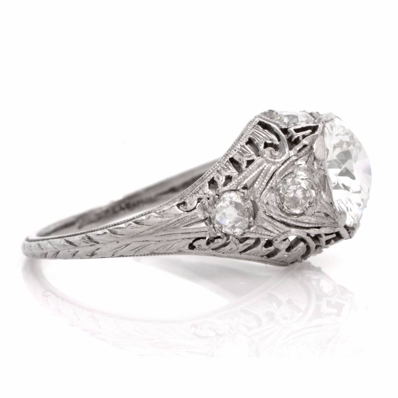 Art Deco 2.77 Carat Diamond Platinum Filigree Engagement Ring 2