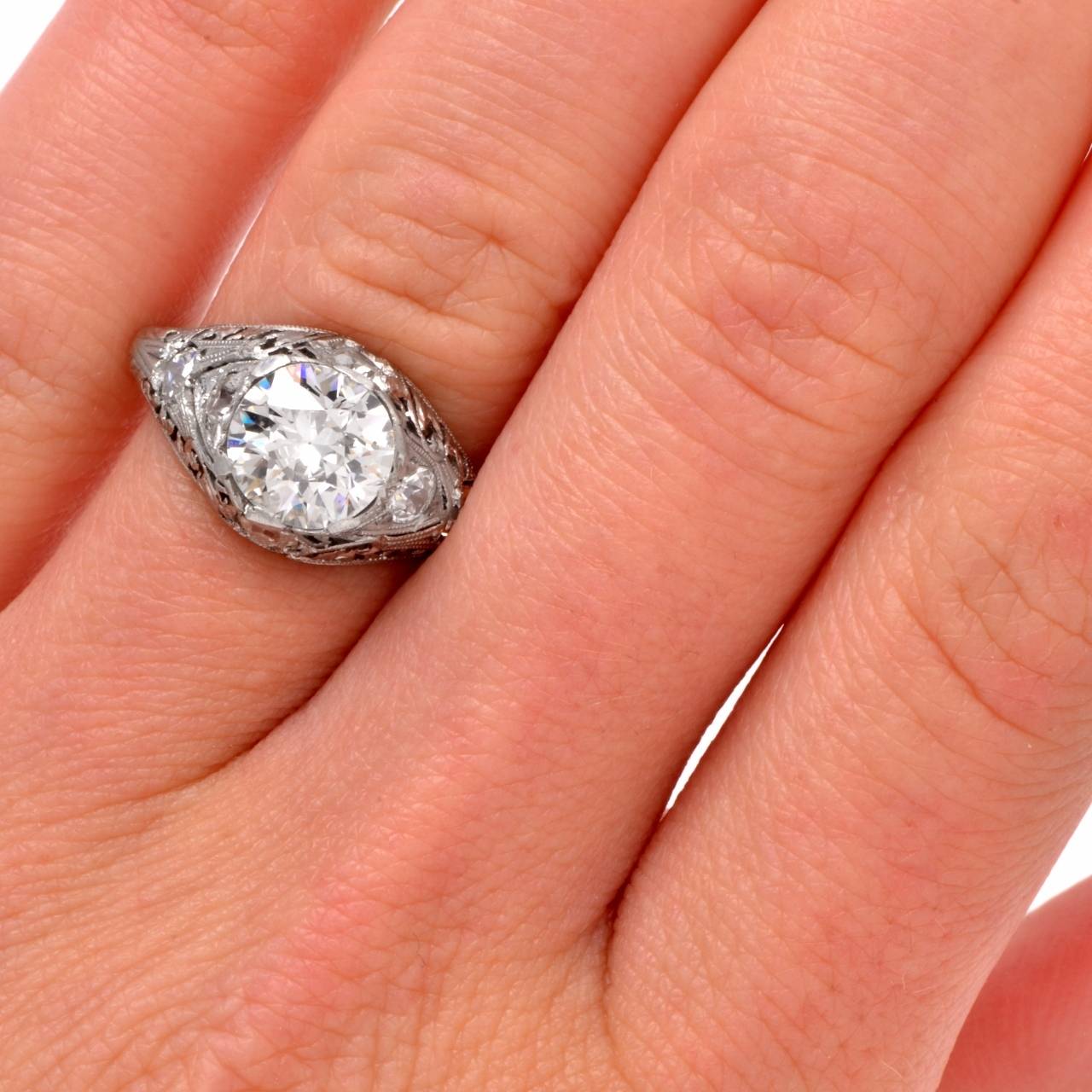 Art Deco 2.77 Carat Diamond Platinum Filigree Engagement Ring 3