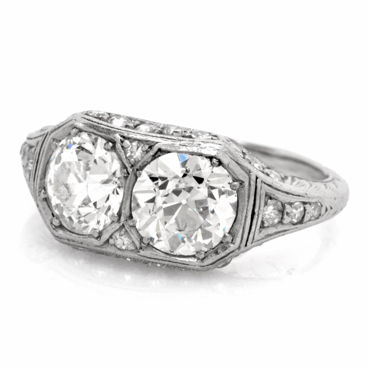 Antique Art Deco Double Diamond Platinum Engagement Ring 2