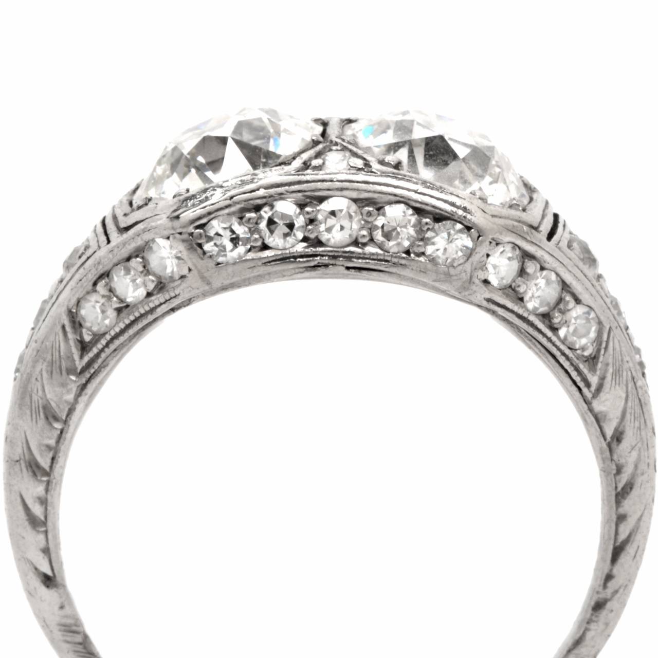 Antique Art Deco Double Diamond Platinum Engagement Ring In Excellent Condition In Miami, FL