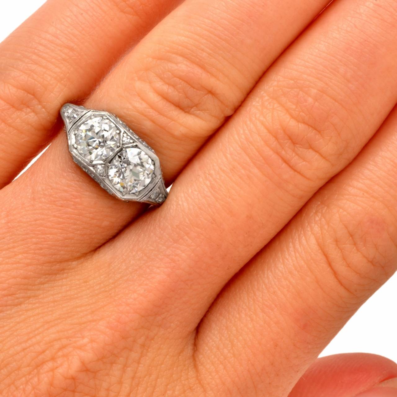 Women's Antique Art Deco Double Diamond Platinum Engagement Ring