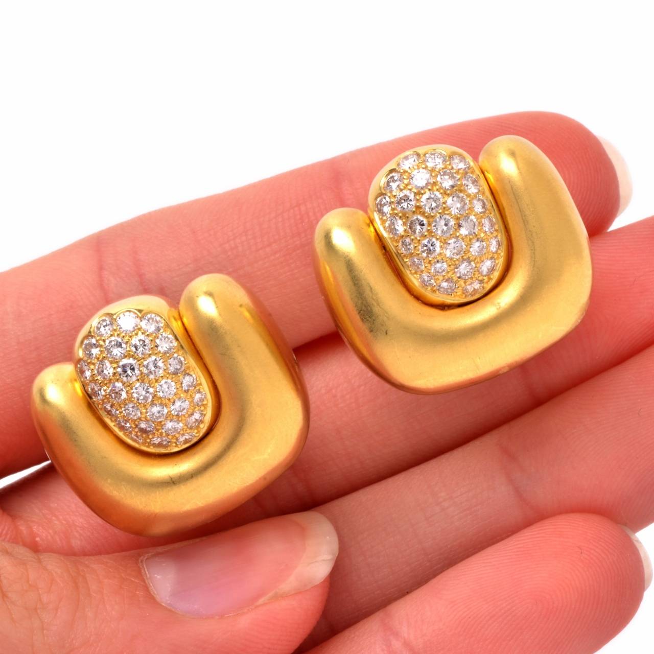 Pave Diamond Satin Finish Gold Clip-on Earrings 2