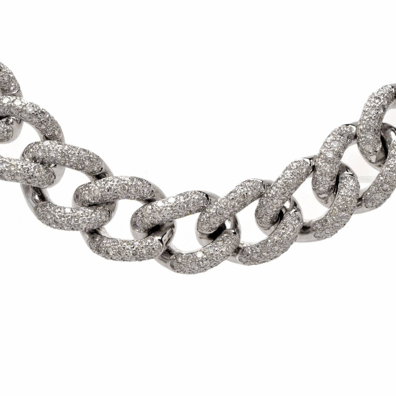 This estate heavy chain necklace with pave diamonds is crafted in solid 18K white gold, weighs 130.9 grams and measures 15