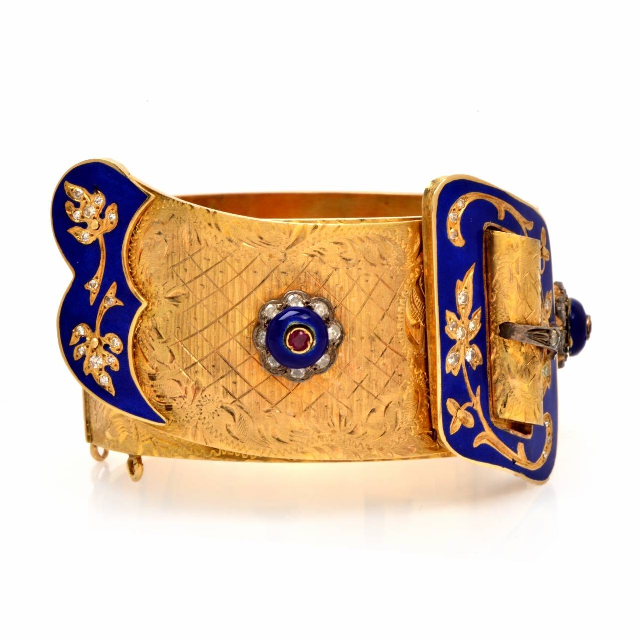 Antique Wide Cobalt Blue Enamel Diamond Gold Belt Design Cuff Bracelet 1