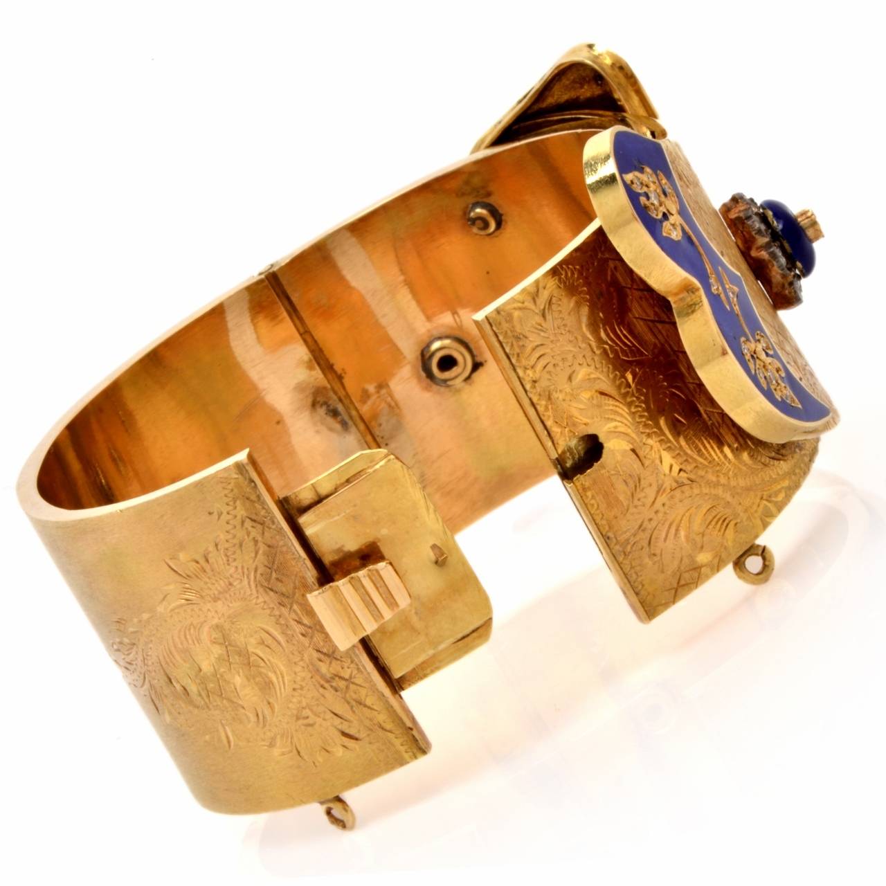 Women's Antique Wide Cobalt Blue Enamel Diamond Gold Belt Design Cuff Bracelet