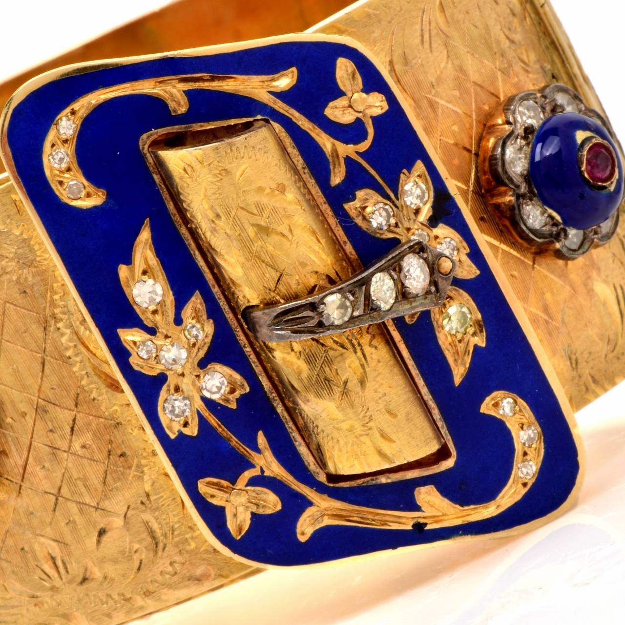 Antique Wide Cobalt Blue Enamel Diamond Gold Belt Design Cuff Bracelet 2