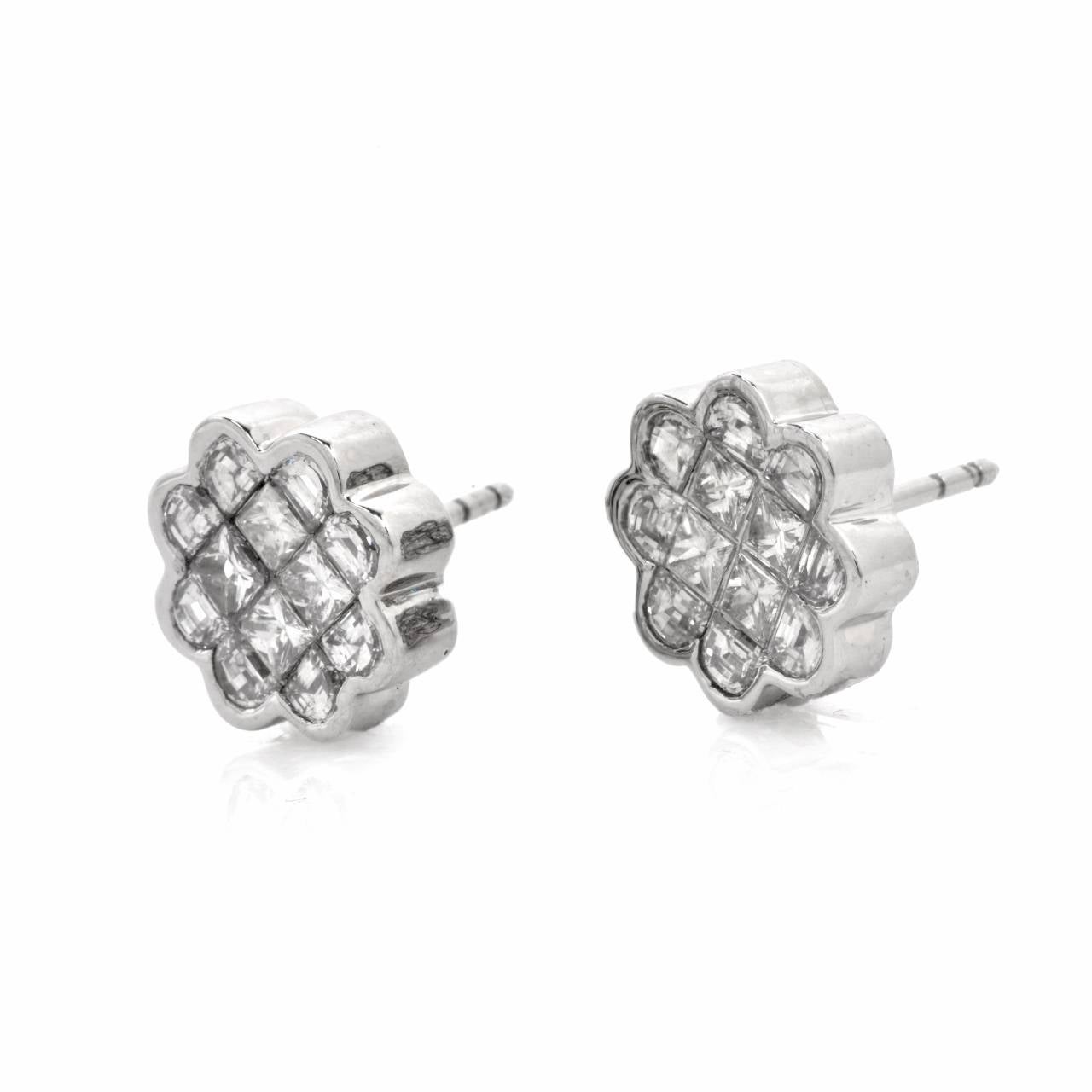 These estate stud earrings with Princess-cut and  Half-moon diamonds are crafted in solid 14K white gold, weigh approximately 9.00 grams and measure 11 mm in diameter. Designed as delicate flower heads with gracefully scalloped perimeter , these 