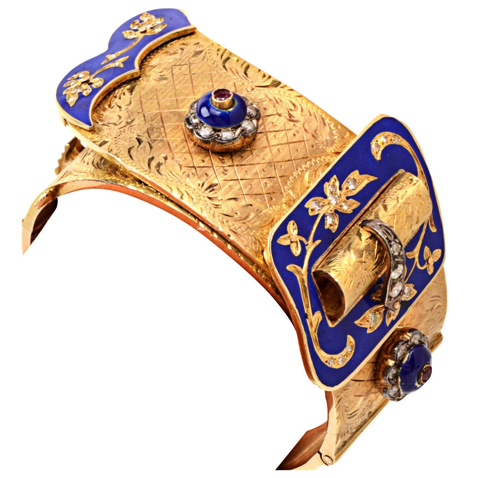 Antique Wide Cobalt Blue Enamel Diamond Gold Belt Design Cuff Bracelet