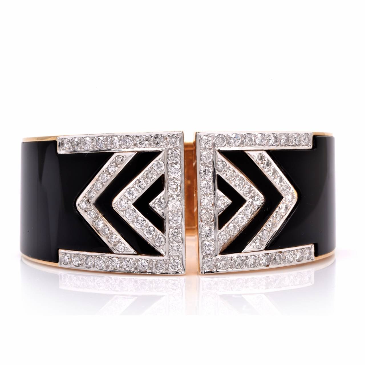 Wide Onyx Diamond Gold Cuff Bangle Bracelet 2