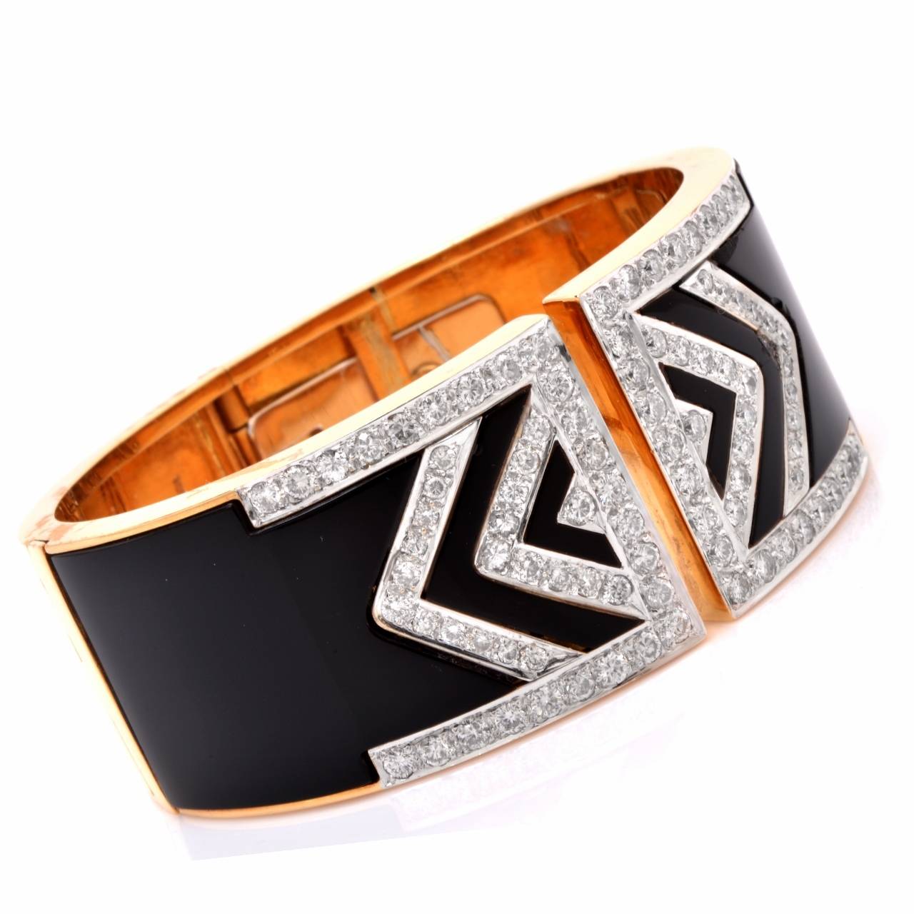 Wide Onyx Diamond Gold Cuff Bangle Bracelet 1