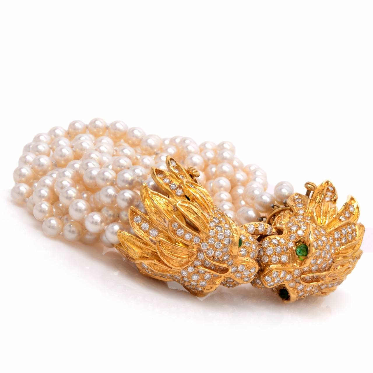 Retro Large Pearl Emerald Diamond Gold Lion Heads Bracelet