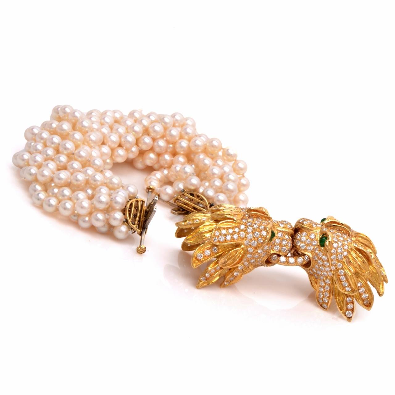 Women's Large Pearl Emerald Diamond Gold Lion Heads Bracelet