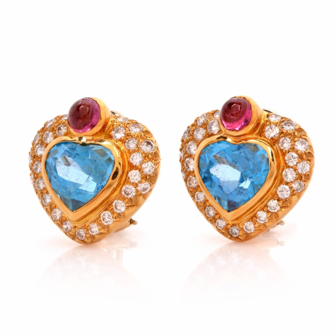 Women's Blue Topaz Diamond Gold Heart Motif Clip-Back Earrings