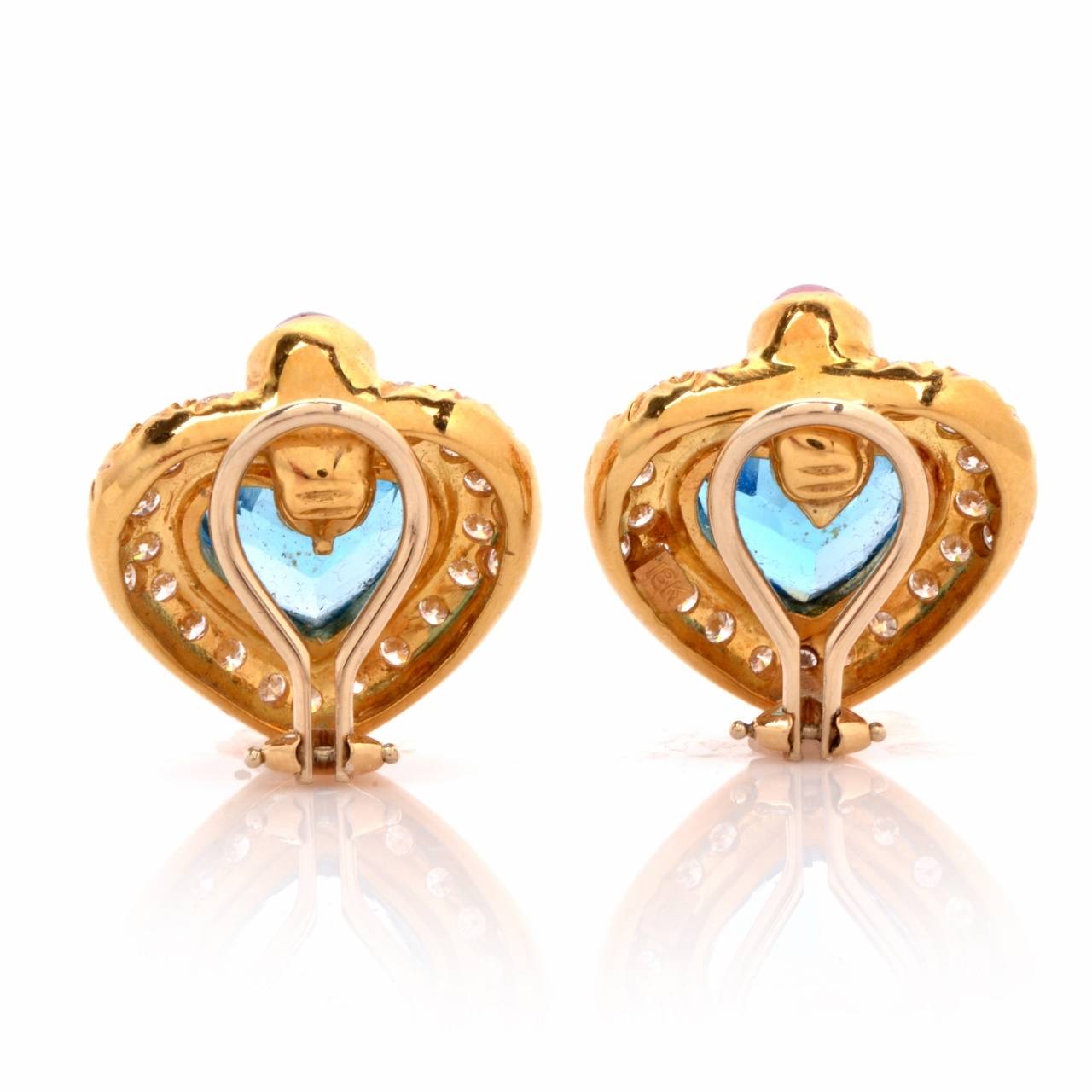 Blue Topaz Diamond Gold Heart Motif Clip-Back Earrings In Excellent Condition In Miami, FL