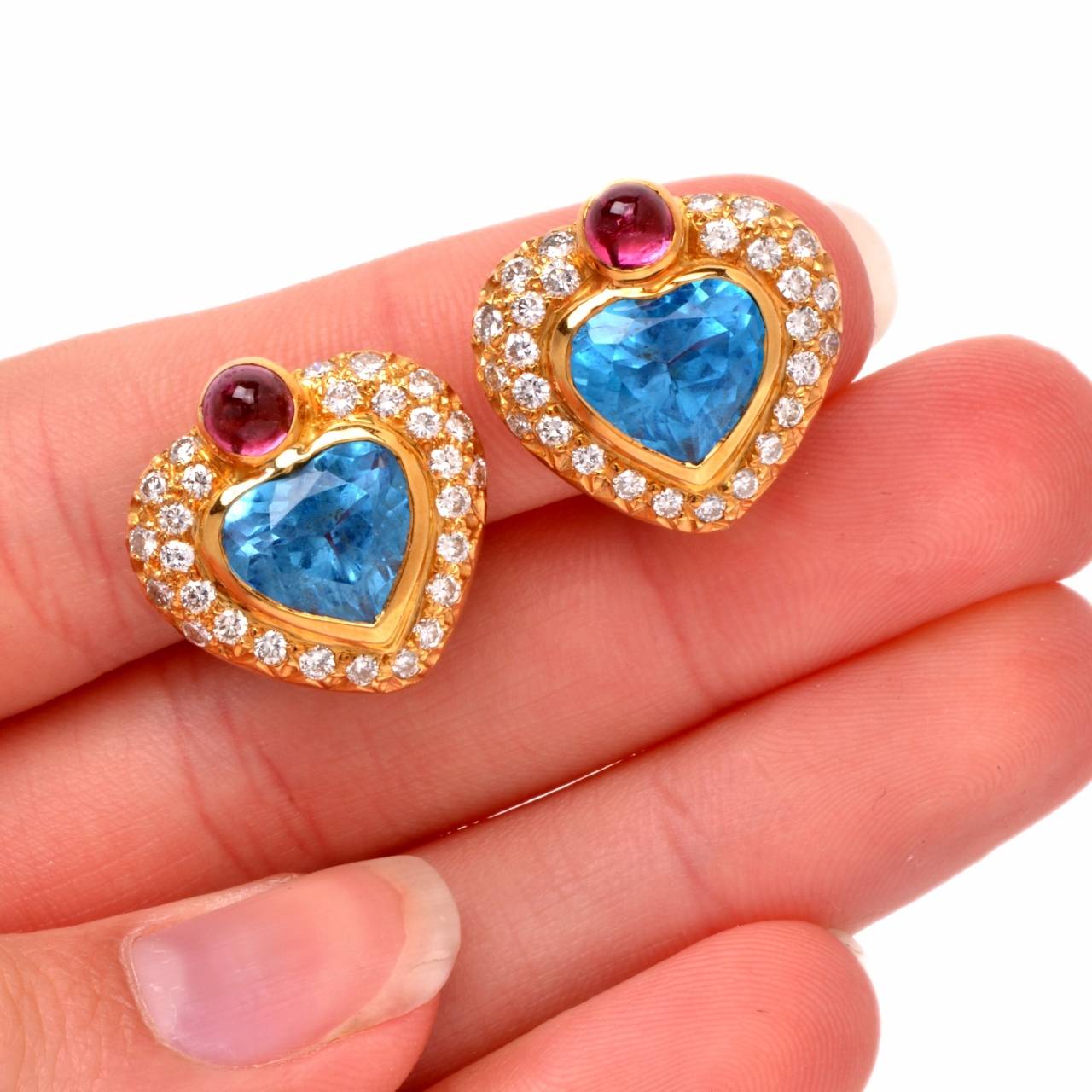 Blue Topaz Diamond Gold Heart Motif Clip-Back Earrings 1