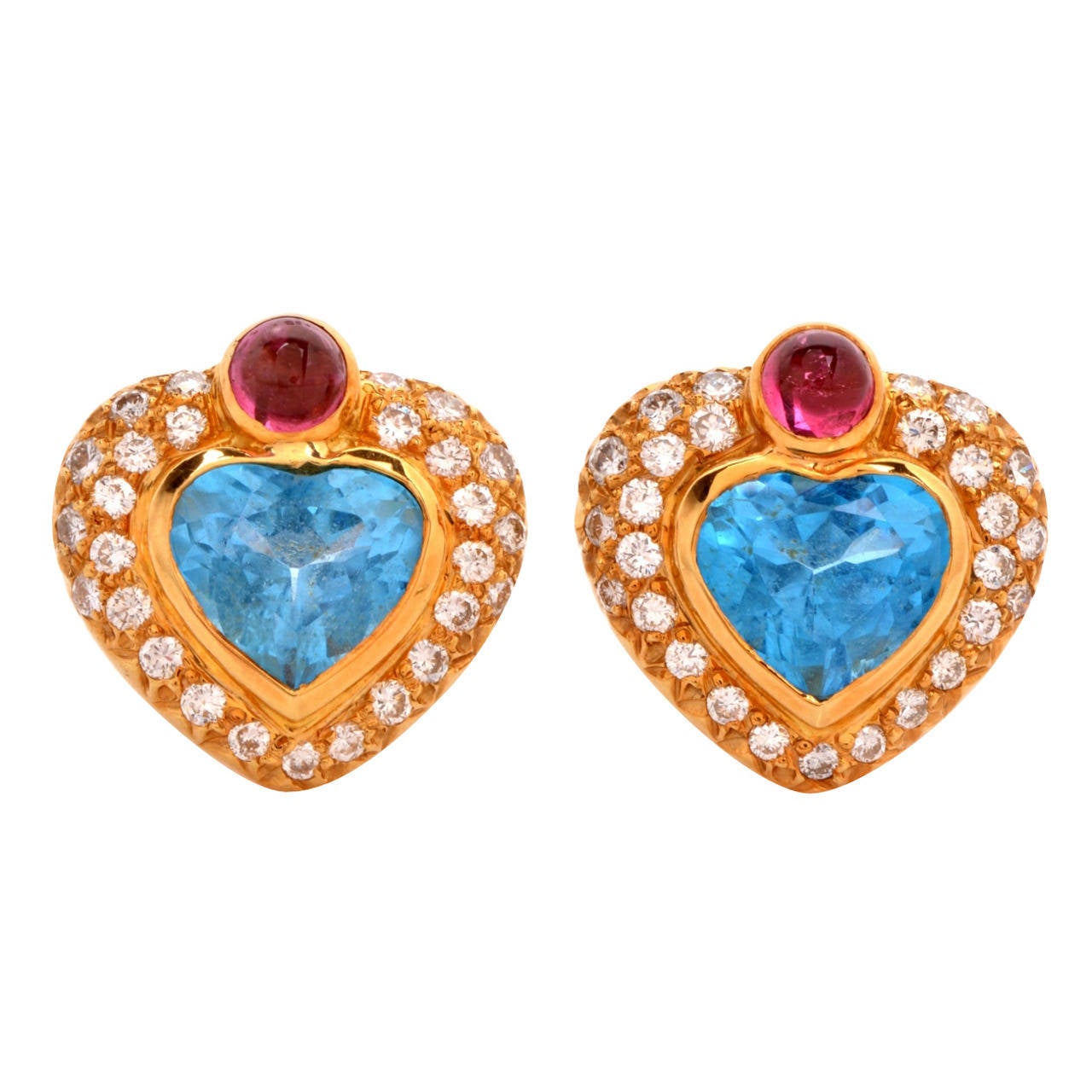 Blue Topaz Diamond Gold Heart Motif Clip-Back Earrings