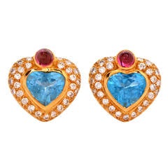 Blue Topaz Diamond Gold Heart Motif Clip-Back Earrings