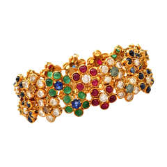 Vintage Multi-color Diamond & Gemstone Gold Flower Bracelet