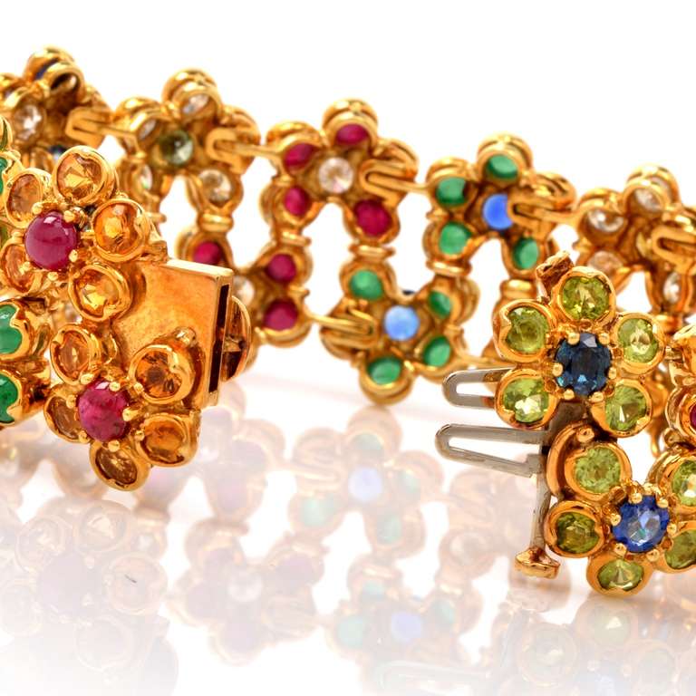 Multi-color Diamond & Gemstone Gold Flower Bracelet In Excellent Condition In Miami, FL