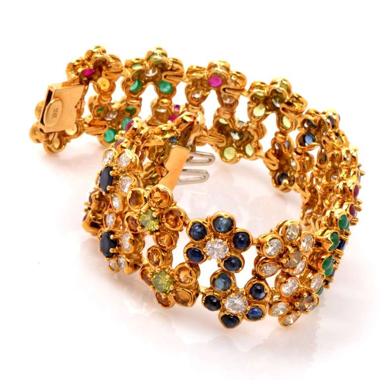 Women's Multi-color Diamond & Gemstone Gold Flower Bracelet