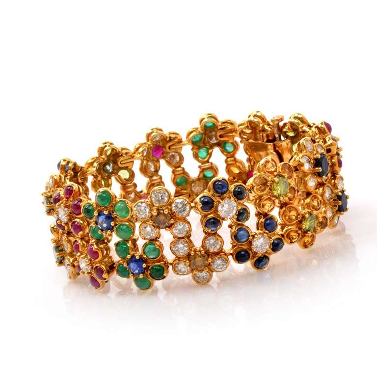 Multi-color Diamond & Gemstone Gold Flower Bracelet 1