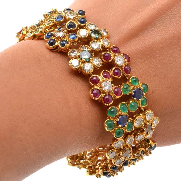 Multi-color Diamond and Gemstone Gold Flower Bracelet at 1stdibs