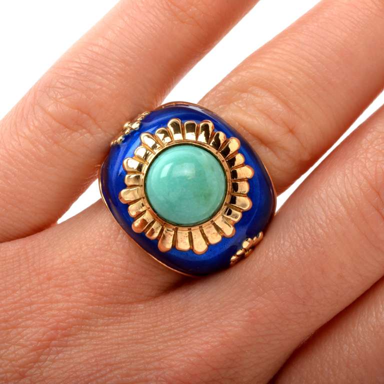 Cabochon Turquoise Enamel Gold Cocktail Ring 1