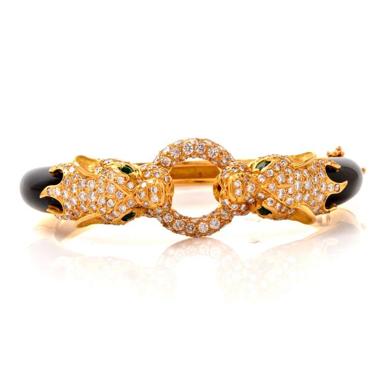 Diamond Emerald Black Onyx Panther-Head Gold Bangle Bracelet