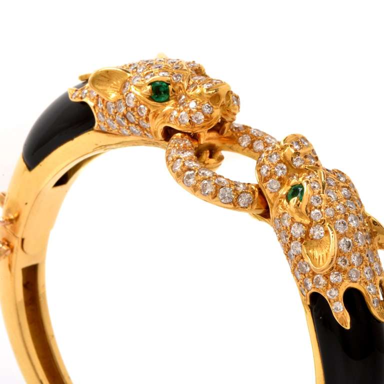 Women's Diamond Emerald Black Onyx Panther-Head Gold Bangle Bracelet