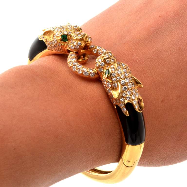 Diamond Emerald Black Onyx Panther-Head Gold Bangle Bracelet 2