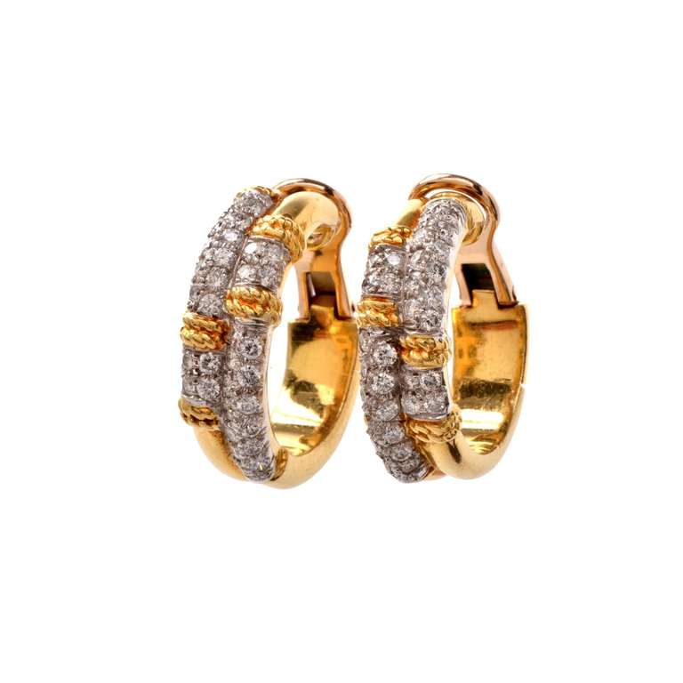 These estate hoop earrings with diamonds are of European provenance, crafted in solid 18K yellow gold with rose gold ear-clips, weigh approx. 40.8 grams and measure approx. 1.25